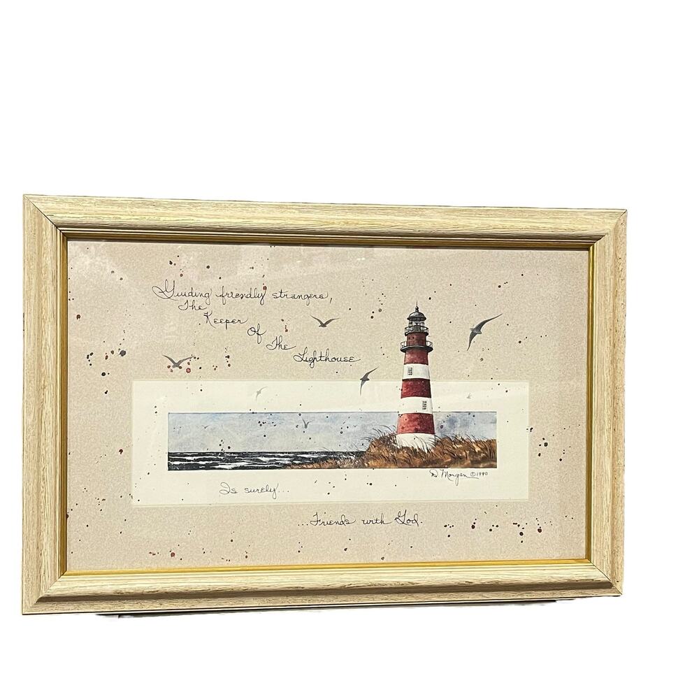Lighthouse Art Framed Scene Signed By Artist D Morgan 17" x 11" Oak Frame Vtg - Picture 7 of 7